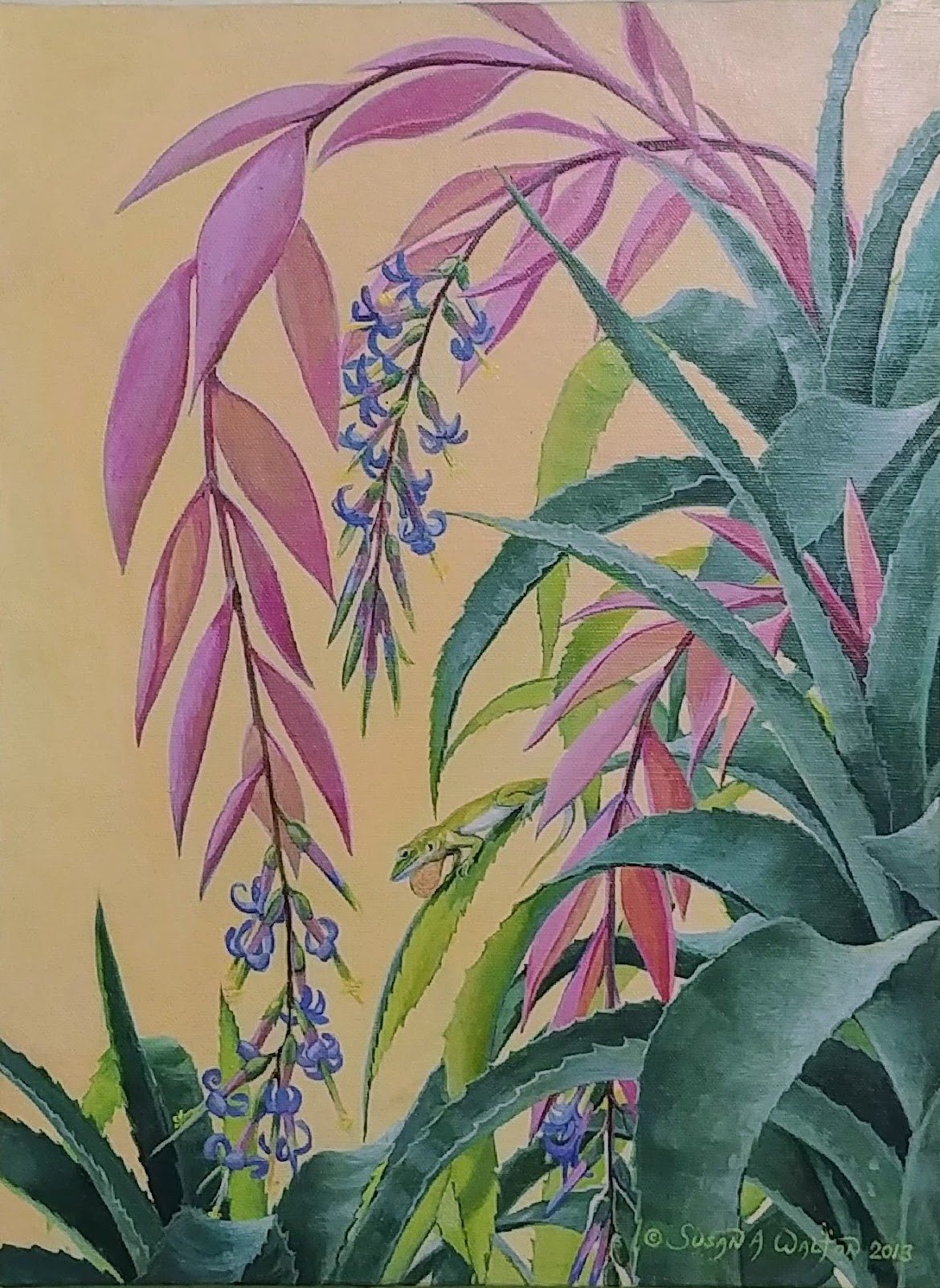 The Flasher ~ Green Anole & Queen’s Tears Bromeliad